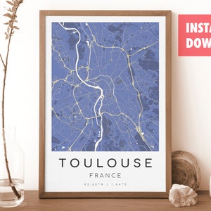 Impression de carte de France de TOULOUSE | Plan de Toulouse | Art mural numérique | Affiche de plan de ville de Toulouse | Carte cadeau | Carte moderne | style vermeer