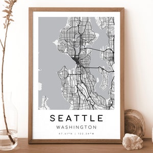 SEATTLE Washington-kaart afdrukken | Kaart van Seattle | Digitale muurkunst | Poster stadskaart Seattle | Cadeaukaart | Moderne kaart | zwart-witstijl