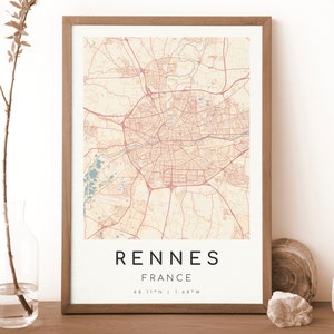 Impression de la carte de RENNES, France | Plan de Rennes | Art mural numérique | Affiche de plan de la ville de Rennes | Carte cadeau | Carte moderne | style Botticelli