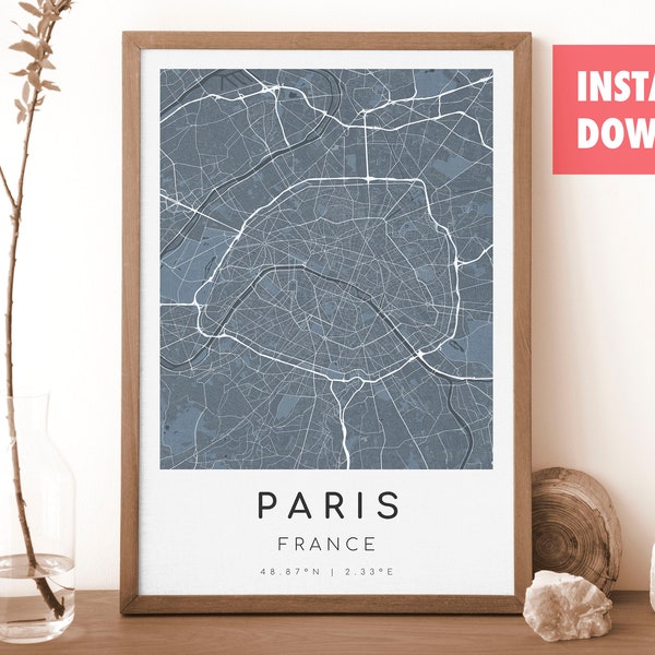 PARIS France Map Print | Map of Paris | Digital Wall Art | Paris City Map Poster | Gift Map | Modern Map | Navy Blue Map