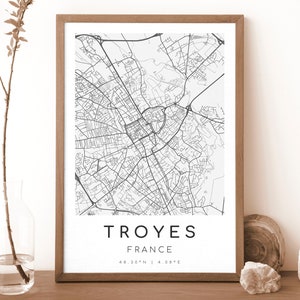 Impresión de mapa de Troyes, Francia / Mapa de Troyes / Arte mural digital / Póster con el mapa de la ciudad de Troyes / Mapa de regalo / Mapa moderno / Estilo blanco y negro