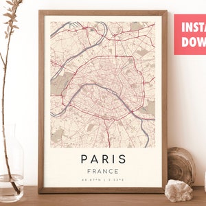 パリ フランス地図プリント | パリ地図 | デジタルウォールアート | パリ市街地図ポスター | ギフトマップ | モダンマップ | ベラスケススタイル