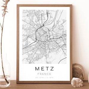 Impresión de mapa de METZ, Francia / Mapa de Metz / Arte mural digital / Póster con mapa de la ciudad de Metz / Mapa de regalo / Mapa moderno / Estilo blanco y negro