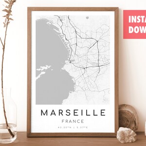 Impresión de mapa de Marsella, Francia / Mapa de Marsella / Arte mural digital / Póster con el mapa de la ciudad de Marsella / Mapa de regalo / Mapa moderno / Estilo blanco y negro