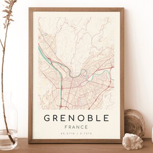 GRENOBLE Frankreich Karte Drucken | Landkarte Grenoble | Digitales Wandbild | Poster Grenoble City Map | Geschenk Karte | Moderne Karte | Vintage-Stil
