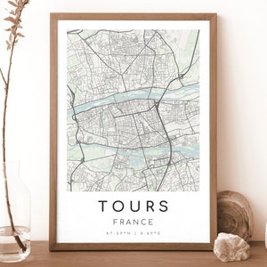Impresión de mapa de Tours, Francia / Mapa de Tours / Arte mural digital / Póster con mapa de la ciudad de Tours / Mapa de regalo / Mapa moderno / Estilo minimalista2