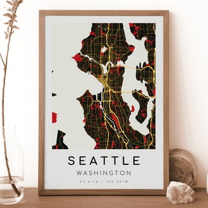 SEATTLE Washington-kaart afdrukken | Kaart van Seattle | Digitale muurkunst | Poster stadskaart Seattle | Cadeaukaart | Moderne kaart | Kurozawa-stijl