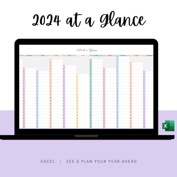 2024 at a Glance | Excel Yearly Calendar Template | Digital Full Year Planner