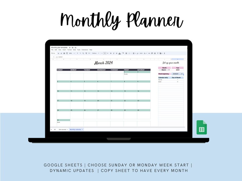 Dynamic Monthly Calendar Template | Google Sheets Monthly Planner ...