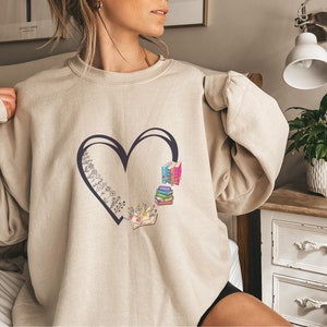 Flower Heart Book Sweater, Book Lover Sweatshirt, Book Reader Sweater, Reading tshirt, Book Lover Gift, Book Heart Shirt, Book Valentine Day