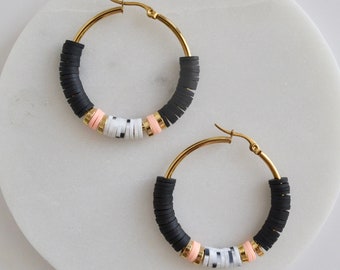 Heishi Bead Hoop Earrings, heishi bead earrings, gold plated hoops 1.75 inches, polymer clay earrings, black and gold