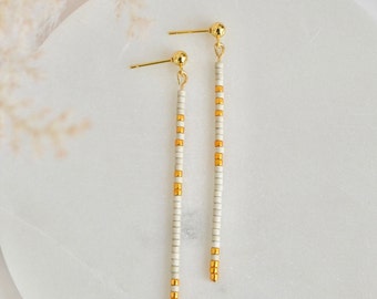 Minimalist Dangle Bead Earrings, Black and Gold earrings, White and Gold Earrings