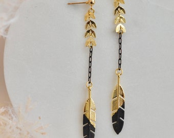 Matte black and gold bead earrings, long thin earrings, black and gold feather, minimal modern earrings