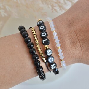 Custom personalized letter bracelet, stretchy black and gold image 7