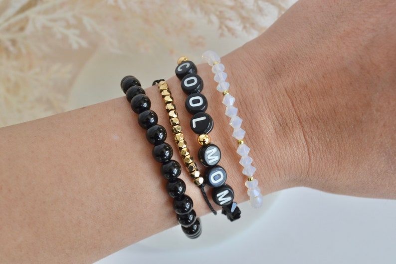 Custom personalized letter bracelet, stretchy black and gold image 7