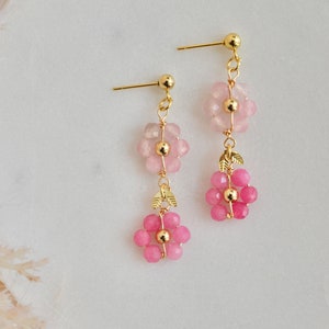 Rose Quartz, Rose Crystal Natural Stone Faceted crystals flower dangle earrings image 1