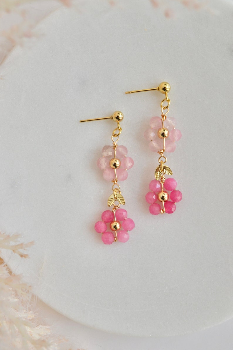 Rose Quartz, Rose Crystal Natural Stone Faceted crystals flower dangle earrings image 1