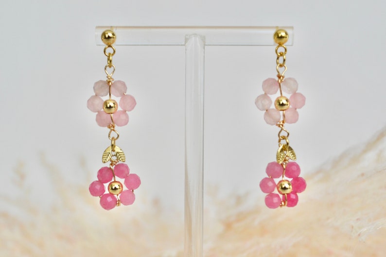 Rose Quartz, Rose Crystal Natural Stone Faceted crystals flower dangle earrings image 2