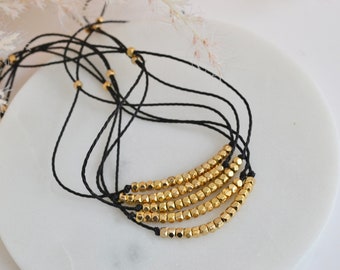 Adjustable dainty gold and waxed threaded bracelet, minimalist, dainty gold
