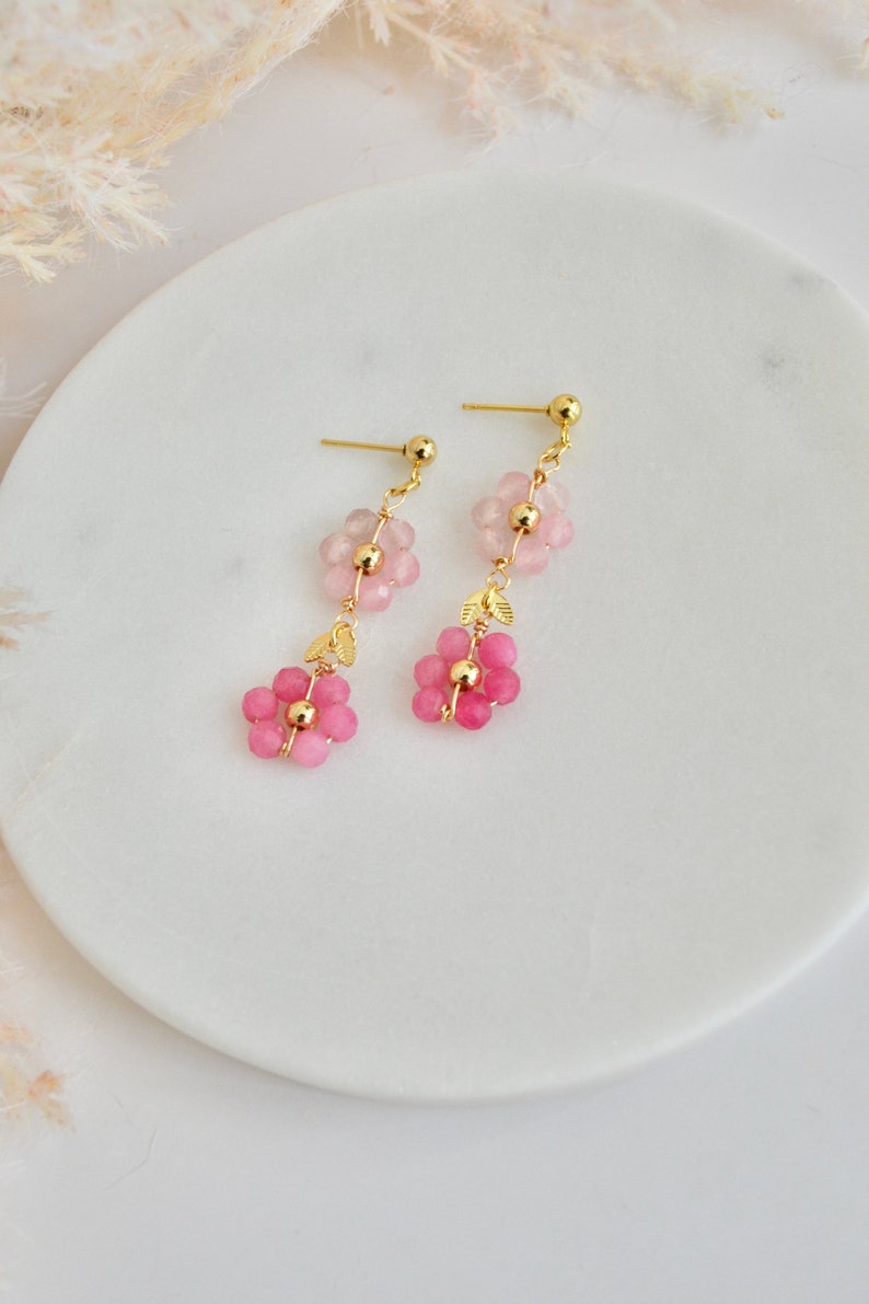 Rose Quartz, Rose Crystal Natural Stone Faceted crystals flower dangle earrings image 5