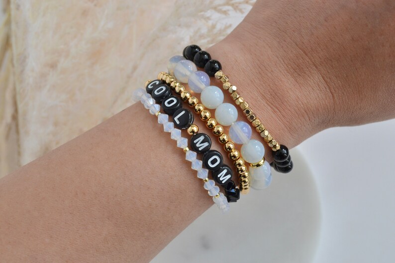 Custom personalized letter bracelet, stretchy black and gold image 8