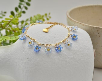 Blauwe bloemarmband, delicate armband, cadeau voor haar