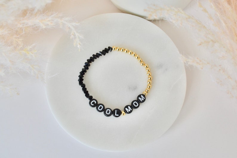 Custom personalized letter bracelet, stretchy black and gold image 5