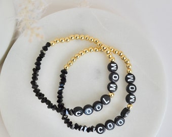 Custom personalized letter bracelet, stretchy black and gold