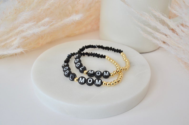 Custom personalized letter bracelet, stretchy black and gold image 4