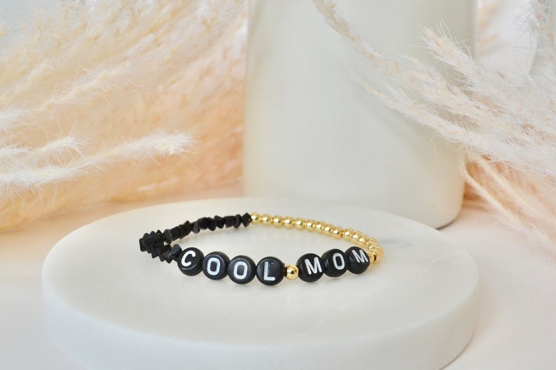 Custom personalized letter bracelet, stretchy black and gold image 3