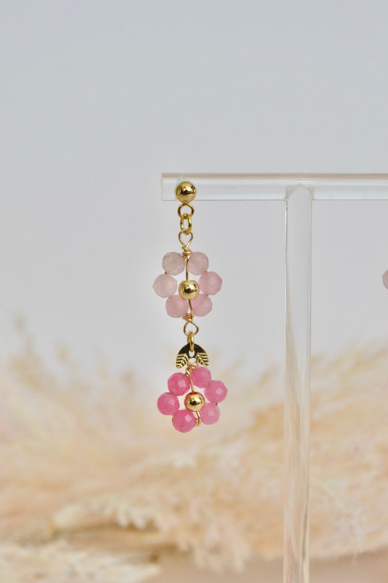 Rose Quartz, Rose Crystal Natural Stone Faceted crystals flower dangle earrings image 3