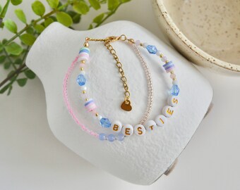 Pink white and blue double bracelet, 2+ inch extension, 14K gold coated stainless steel, birthday gift, gift for bestie, bff