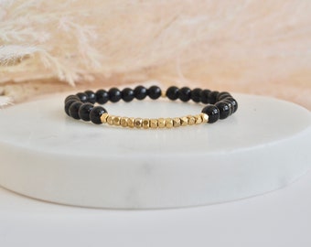 Black and gold 6mm round bead bracelet, black jasper, unique shaped gold, mom gift, bestie gift, semi-precious stone