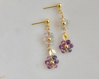 Fluorite Gradient Natural Stone Faceted Crystal flower dangle earrings