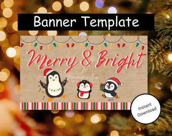 Merry & Bright Christmas Banner Template – Holiday Party Decor (Digital Download)