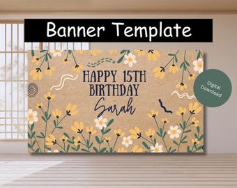 Plantilla de pancarta de cumpleaños / Archivo editable de Canva / Pancarta pintada a mano / Letrero para fiestas / Descarga digital