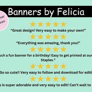 May include: A light green background with the text "Banners by Felicia" in a black rectangle. Customer reviews are displayed in a pink circle. The reviews include star ratings and positive comments about the product's design and ease of use.