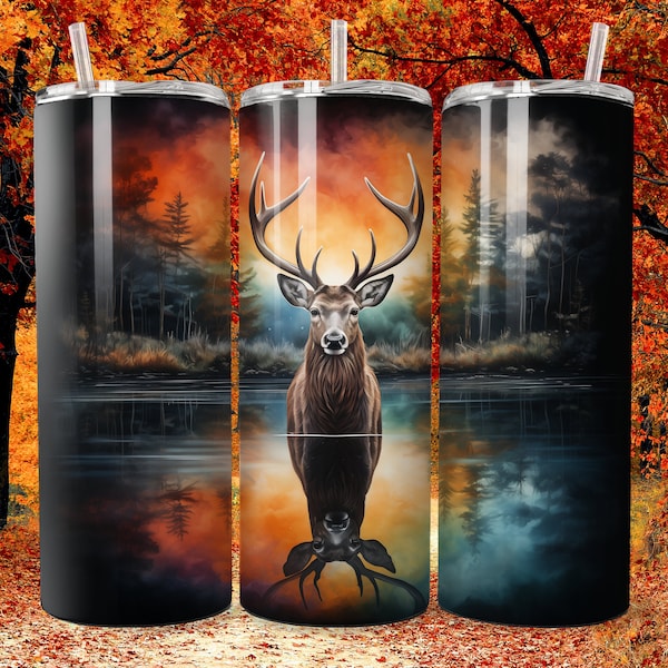 Buck / Deer Reflection in Lake - Sublimation Tumbler Wrap Digital Design - 20 Oz - Instant PNG Download - Dimensions: 9.2 x 8.3 inches