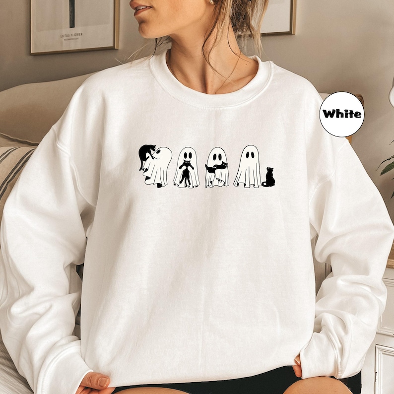 Ghost Black Cats Sweatshirt, Halloween Black Cat Sweatshirt, Spooky Season Tees, Funny Ghost Cat Outfit, Cute Pumpkin Clothing Gifts image 4
