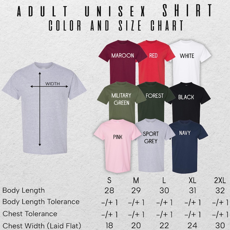 a color and size chart for adult unisex t-shirts, including various color options and corresponding sizes.