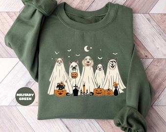 Halloween Ghost Dog Sweatshirt, Cute Ghots Dog Hoodie, Spooky Season Outfit, Retro Halloween Tees, Halloween Dog Clothing Gifts