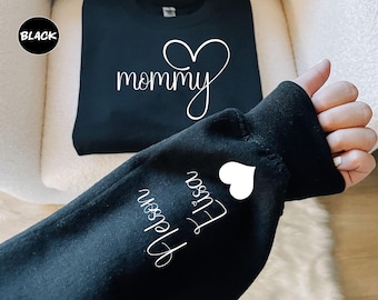 Personalized Mom Sweatshirt, Custom Mama Sweatshirt with Kids Name on Sleeve, Gift Momma Hoodie, Birthday Gift for Mommy, Gift for Mama