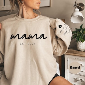 Personalized Mom and Est. Date Sweatshirt, Custom Mama Sweatshirt with Kids Name on Sleeve, Gift Momma Hoodie, Gift for Mommy, Mother's Day