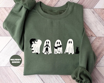 Moletom de Gatos Pretos Fantasmas, Moletom de Gato Preto de Halloween, Camisetas de Temporada Assustadora, Roupa Engraçada de Gato Fantasma, Presentes Fofos de Roupas de Abóbora