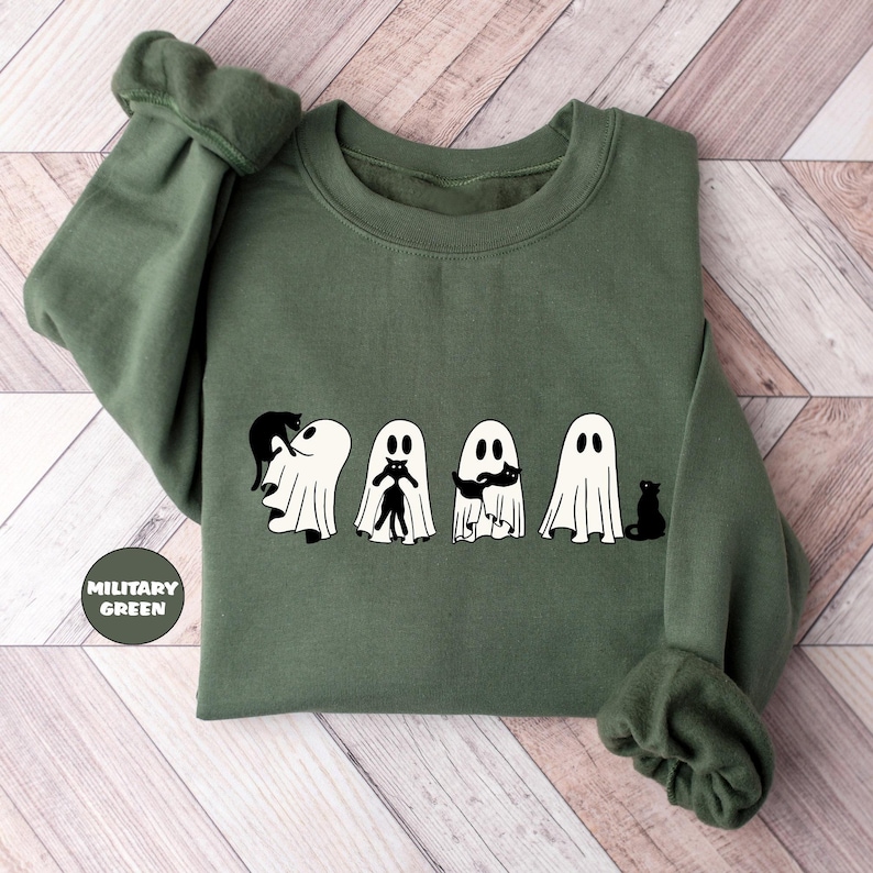 Ghost Black Cats Sweatshirt, Halloween Black Cat Sweatshirt, Spooky Season Tees, Funny Ghost Cat Outfit, Cute Pumpkin Clothing Gifts image 1