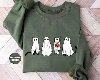 Moletom de Gatos Pretos Fantasmas, Moletom de Gato Preto de Halloween, Camisetas de Temporada Assustadora, Roupa Engraçada de Gato Fantasma, Presentes Fofos de Roupas de Abóbora