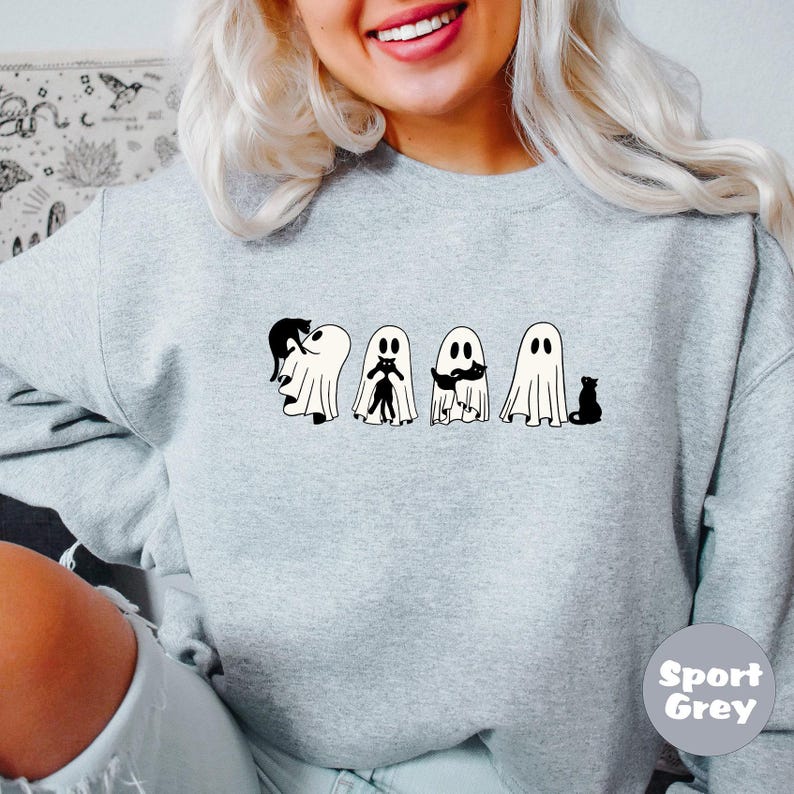 Ghost Black Cats Sweatshirt, Halloween Black Cat Sweatshirt, Spooky Season Tees, Funny Ghost Cat Outfit, Cute Pumpkin Clothing Gifts image 3