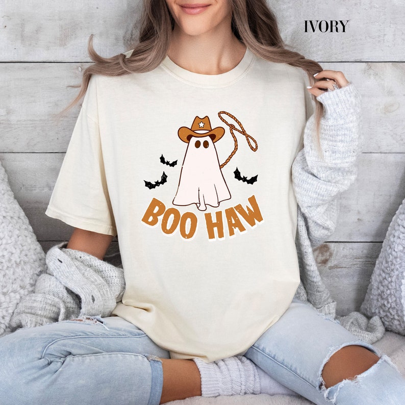 Comfort Colors® Halloween Boo Haw Shirt, Cowboy Halloween Shirt, Country Cowgirl Halloween Tee, Cowboy Ghost Shirt, Retro Fall Shirt image 1