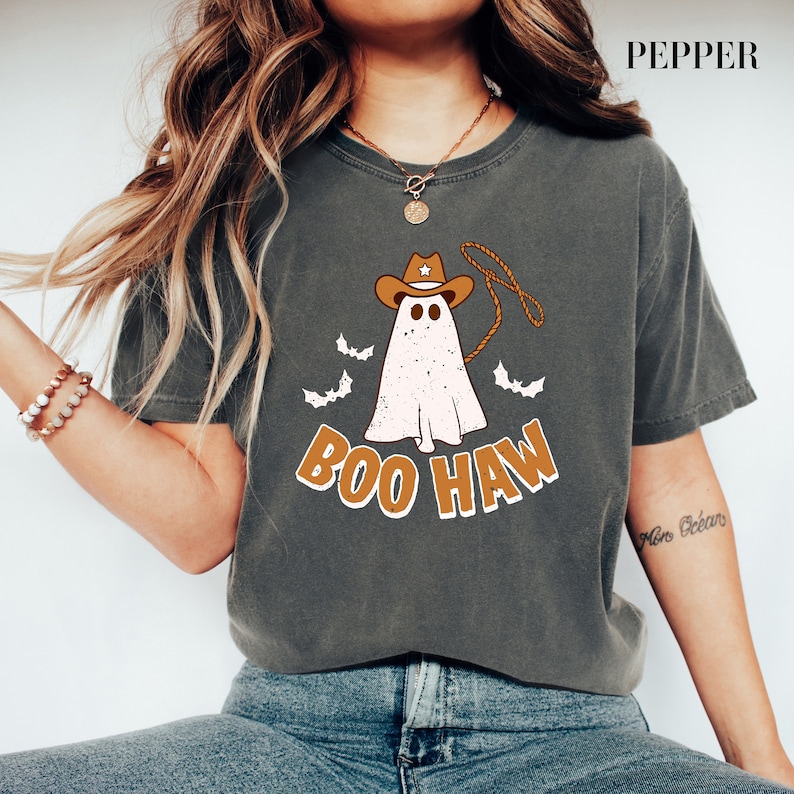 Comfort Colors® Halloween Boo Haw Shirt, Cowboy Halloween Shirt, Country Cowgirl Halloween Tee, Cowboy Ghost Shirt, Retro Fall Shirt image 4