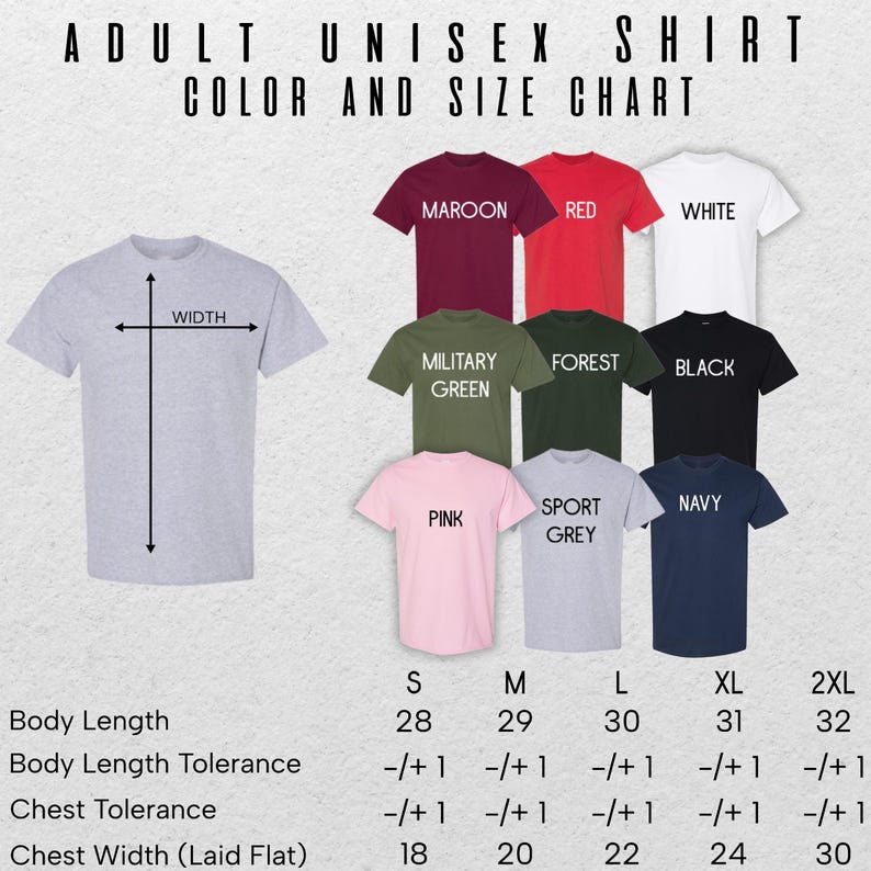a color and size chart for adult unisex t-shirts, including various color options and corresponding sizes.